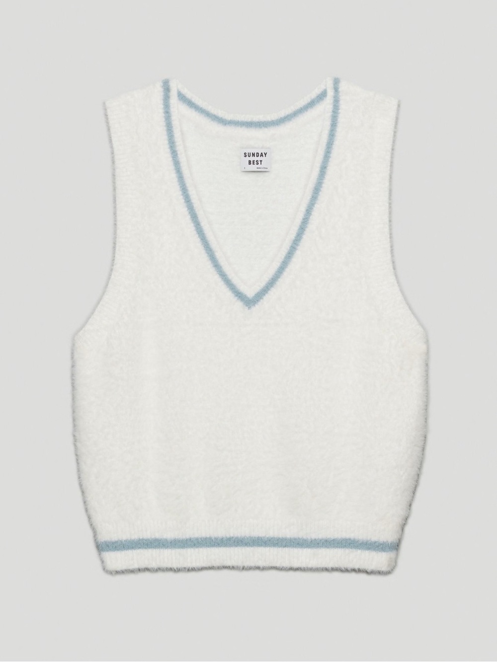 Aritzia Sunday Best Tia White Fuzzy V-Neck Sweater Vest with Blue Trim / Size L